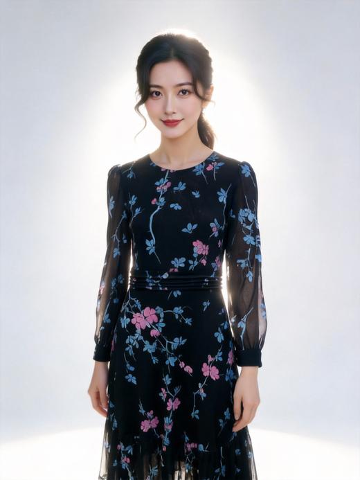 伯妮斯茵 | 复古浪漫 水墨花枝印花连衣裙 圆领泡泡袖 蕾丝花边下摆 气质宴会款  SZ3S27 商品图1