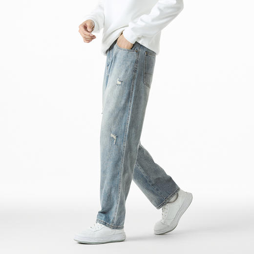 GXG男装秋季时尚潮流破洞款男式百搭牛仔休闲直筒长裤K&C 商品图2
