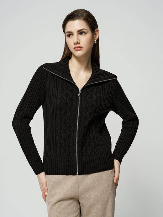 【翻领立体绞花开衫】羊绒世家秋冬新品女士100%山羊绒保暖针织外套 商品图1