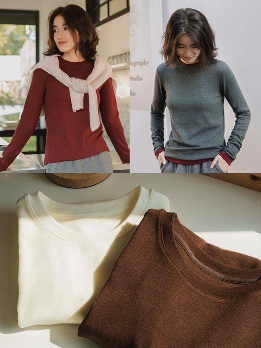 万能打底 美丽诺羊毛混纺圆领长袖T恤FCG1TEE061 商品图5