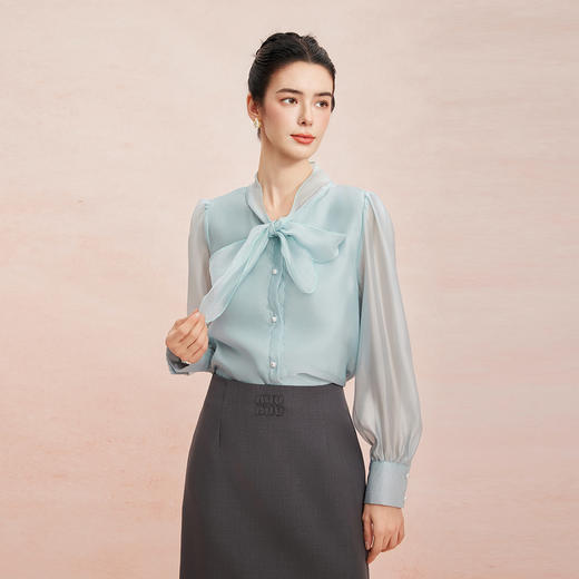 RE254斯尔丽2026春季新款光泽感高级感飘带长袖职业通勤优雅纯色衬衫 商品图4