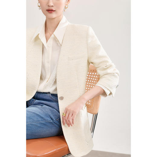 「高货wl」全新升级【铂金会员404/天猫539/差价135】(05339)洛诗琳2026春季气质知性通勤金丝亮片棉麻无领西装外套女 商品图0