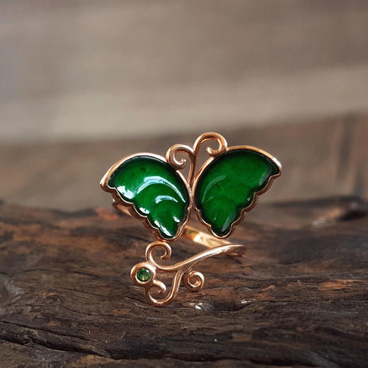 【天然正品】A货翡翠AU750玫瑰金镶天然细腻设计师款满绿冰种蝴蝶造型翡翠开口戒指16号（开口戒）251225TJ30 商品图2