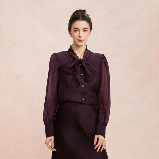 RE254斯尔丽2026春季新款光泽感高级感飘带长袖职业通勤优雅纯色衬衫 商品图0