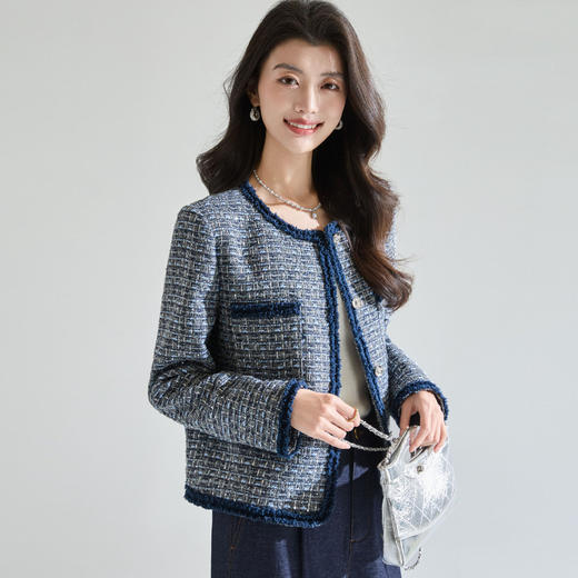 「高货sh」全新升级【铂金会员321/天猫429/差价108】(04816)洛诗琳2026春季气质粗花呢细闪亮片撞色毛须边小香风外套 商品图3