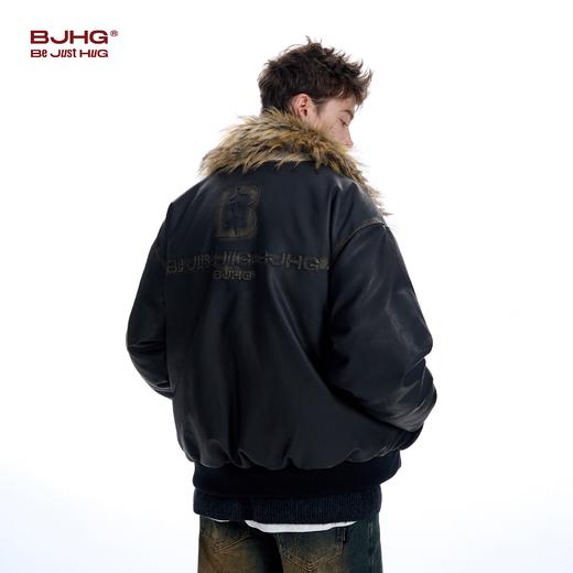 BJHG不计后果羽绒服男款冬季新款可拆卸毛领水洗做旧PU皮夹克外套 商品图3