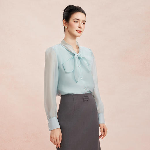 RE254斯尔丽2026春季新款光泽感高级感飘带长袖职业通勤优雅纯色衬衫 商品图6