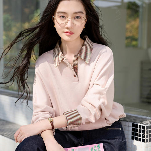 三彩2026春季新款休闲卫衣条纹拼接翻领套头衫宽松简约上衣S 商品图1