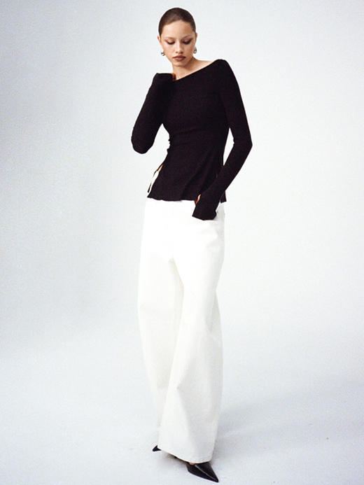 TR她热 绵绵衫 黑色天丝羊毛带胸垫百搭显瘦一字领打底衫上衣 商品图4