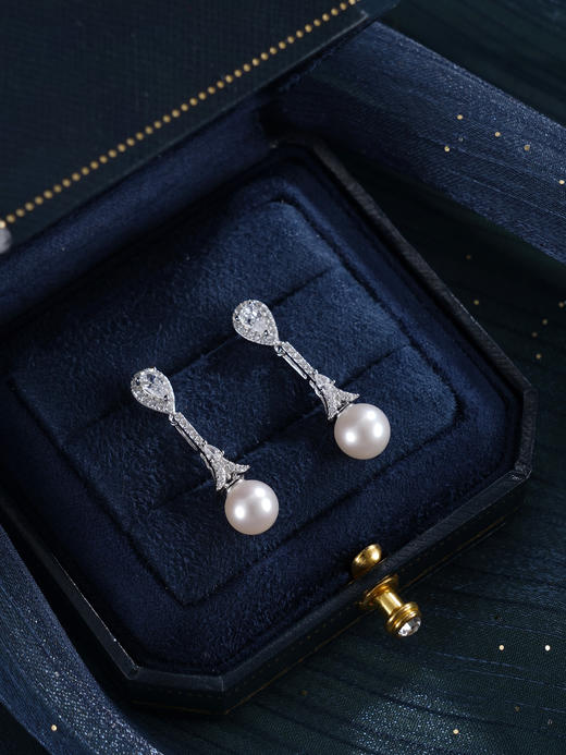 子佩集【闪亮轨迹】银S925珍珠惜王妃耳钉【E4053】7.5mm珠双色水滴吊球2601 商品图5