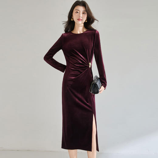 「高货sh」全新升级【铂金会员257/天猫349/差价92】(04701)洛诗琳优雅轻奢褶皱收腰裙2026春季新款气质丝绒连衣裙女 商品图0