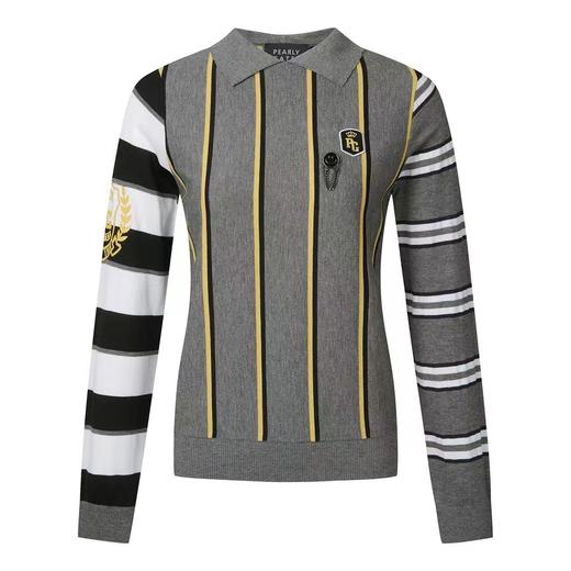 PG家女士条纹针织翻领毛衣来了！条纹毛衣就一整个温油住！搭裤子裙子就也挺时尚动感！啥风格都OK，近期很流行的这种翻领，运动的针织弹力大且不会太厚，单穿很好看当内搭叠在外套里也不会显得臃肿，长度适中! 商品图0