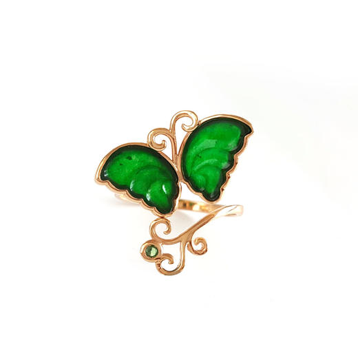 【天然正品】A货翡翠AU750玫瑰金镶天然细腻设计师款满绿冰种蝴蝶造型翡翠开口戒指16号（开口戒）251225TJ30 商品图0