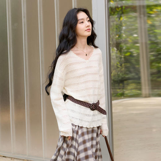 三彩2026春季新款镂空针织衫V领毛衫宽松落肩袖套头罩衫S 商品图1
