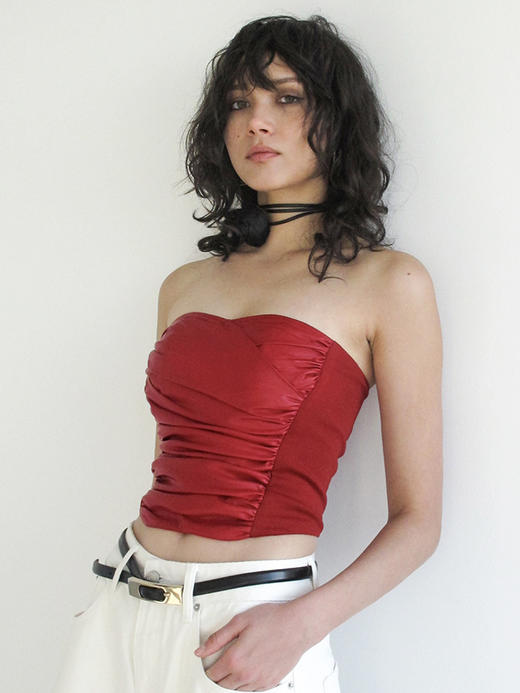 TR她热 热辣催化剂 红色PU抽褶弹力显瘦性感皮修身抹胸上衣 商品图2