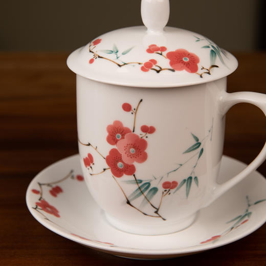 【景德镇陶瓷茶具】 翠竹红梅办公茶杯  一杯一碟  480ml 商品图3