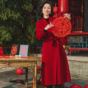 西子/悦己羊绒羊毛手工双面呢红色新年喜妈妈长款大衣/DYXS0556