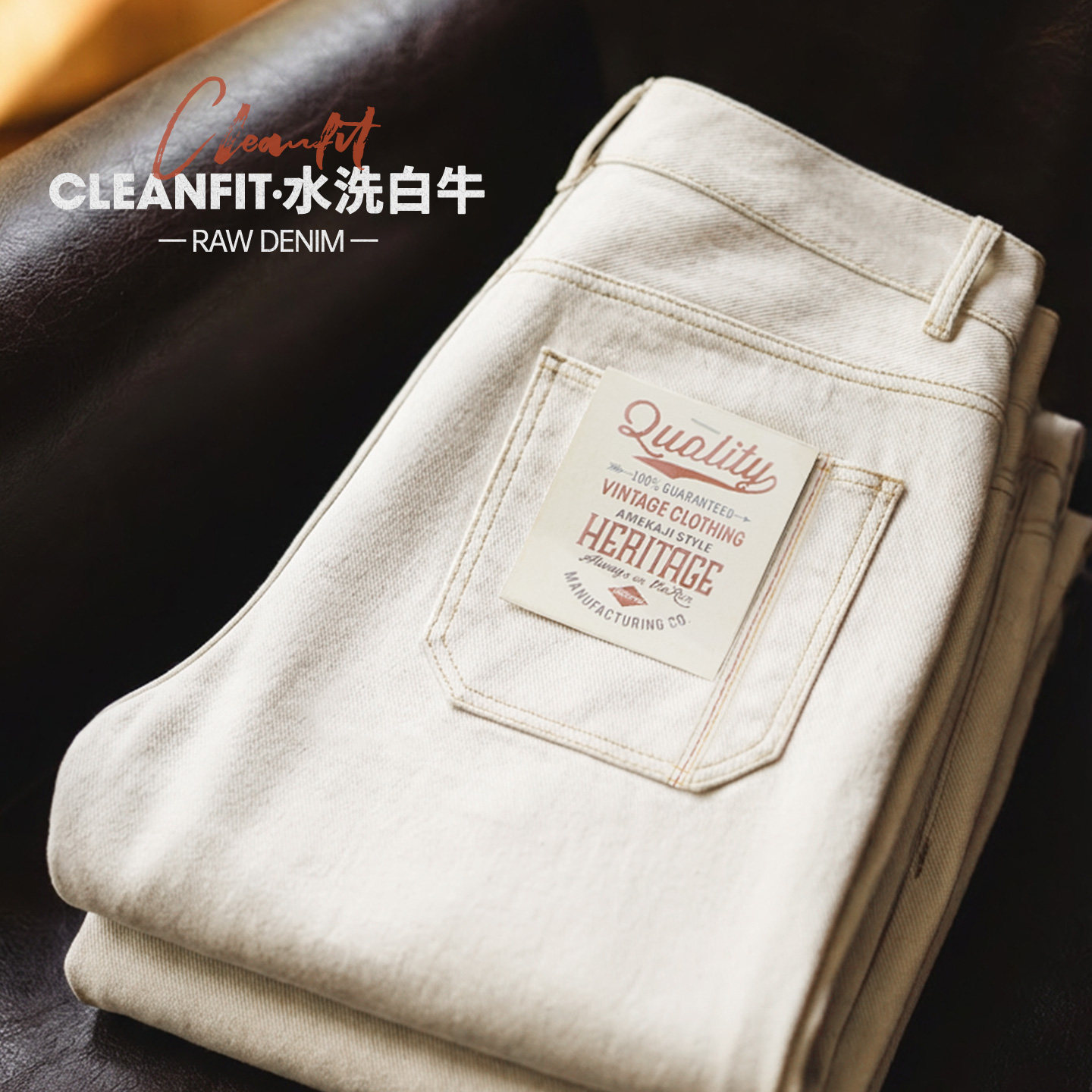 马登工装美式复古白色牛仔裤直筒cleanfit阔腿垂感宽松休闲裤男春