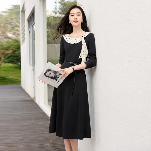 三彩2026春季新款法式连衣裙波点拼接长袖A字裙长裙优雅气质S 商品图3