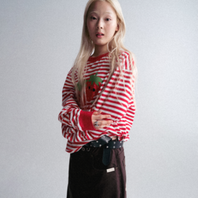 GOODBAI GOODEES 新款休闲趣味草莓印花条纹长袖T恤