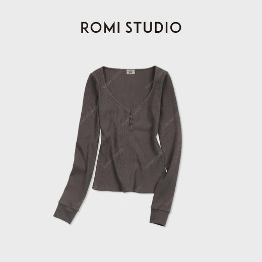 ROMI STUDIO复古针织华夫格高弹深v亨利衫打底上衣RWDSSY1563 商品图0