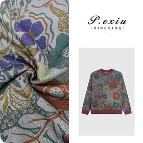 复古撞色暗纹印花磨绒宽松圆领长袖卫衣W-63628