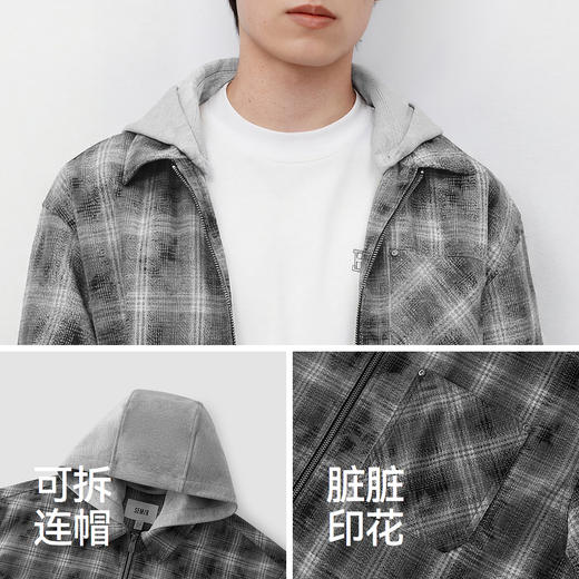 商场同款|森马夹克男春季印花格纹衬衫2026新款可拆卸针织帽外套 商品图3