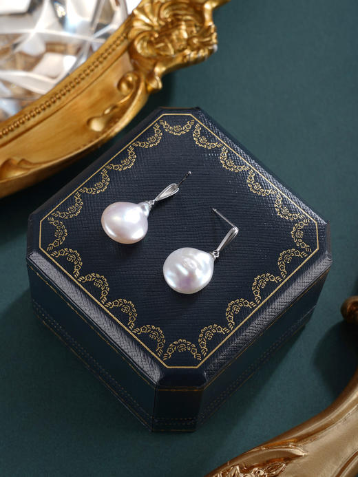 子佩集【月汐留痕】银S925珍珠惜王妃耳钉【W5320】13-14.5mm珠双色巴洛克扁珠2601 商品图6