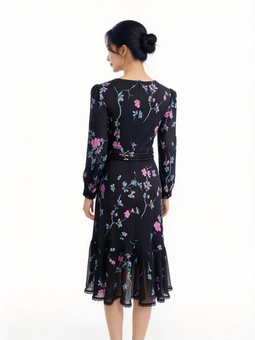 伯妮斯茵 | 复古浪漫 水墨花枝印花连衣裙 圆领泡泡袖 蕾丝花边下摆 气质宴会款  SZ3S27 商品图5