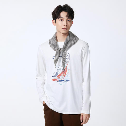 GXG男装【100%棉】秋季手绘帆船航线圆领休闲男士长袖t恤打底衫K&C 商品图1