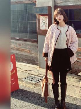 [特价]韩系灯芯绒撞色圆领中长款 90 白鸭绒羽绒服女 粉色 / 米白色 2510022