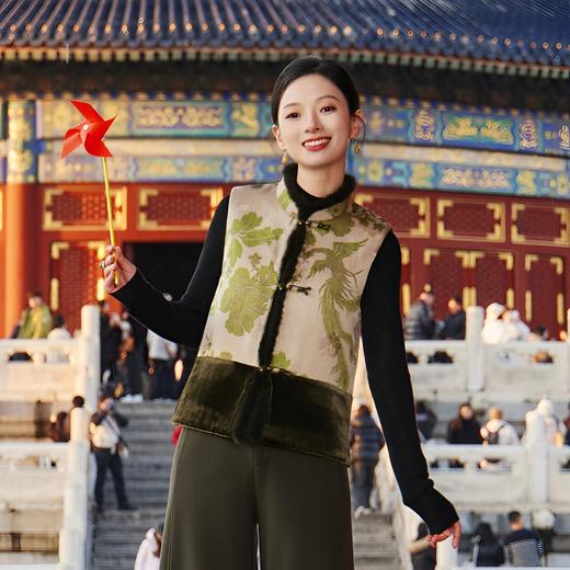 西子/凤穿牡丹真丝丝绒双面穿拼水貂新中式夹羊毛马甲/MJZH0020 商品图3