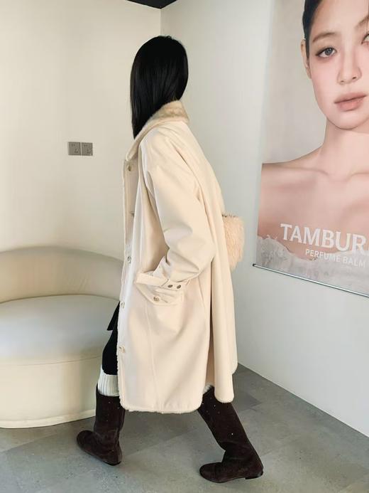 [特价]韩系环保貂毛两面穿外套 翻领长款毛毛外套 黑色/米黄色 2510072 商品图0