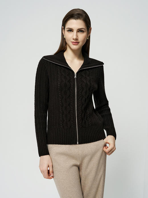 【翻领立体绞花开衫】羊绒世家秋冬新品女士100%山羊绒保暖针织外套 商品图0