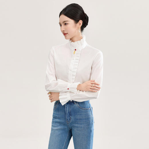 「高货wl」全新升级【铂金会员275/天猫369/差价94】(05725)洛诗琳法式浪漫木耳边衬衫2026春季纯棉微喇长袖上衣女 商品图0