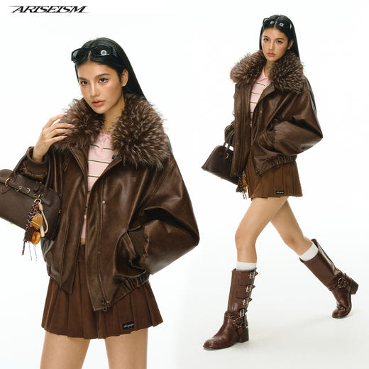 Ariseism 美式复古高级感可拆卸毛领皮衣外套女冬季新款上衣 商品图0
