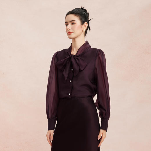 RE254斯尔丽2026春季新款光泽感高级感飘带长袖职业通勤优雅纯色衬衫 商品图2