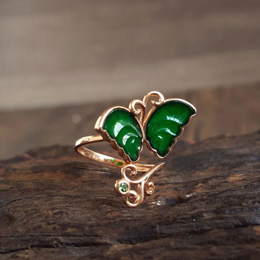 【天然正品】A货翡翠AU750玫瑰金镶天然细腻设计师款满绿冰种蝴蝶造型翡翠开口戒指16号（开口戒）251225TJ30 商品图3