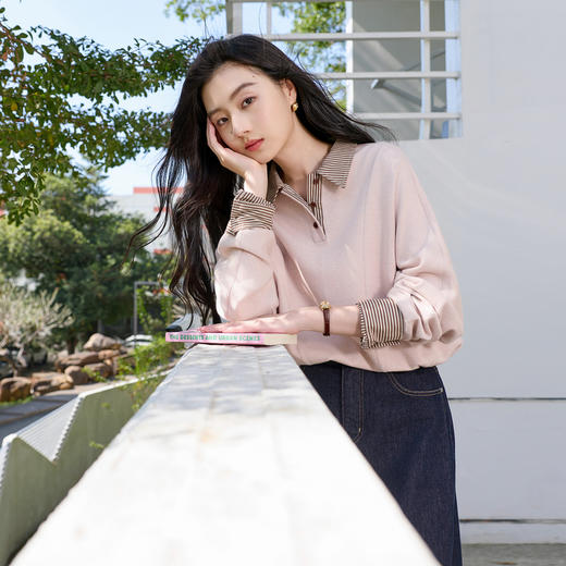 三彩2026春季新款休闲卫衣条纹拼接翻领套头衫宽松简约上衣S 商品图3