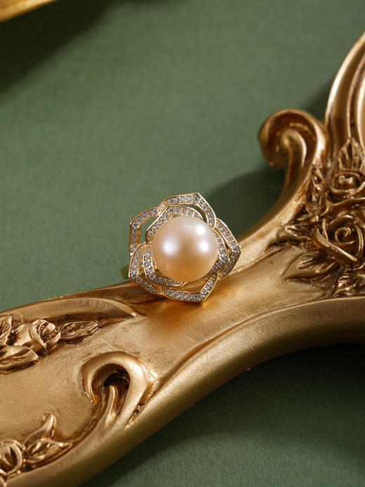 子佩集【玫瑰往事】银S925珍珠惜王妃戒指【YR0068B】10.5mm珠镀金花朵金色珠2601 商品图3