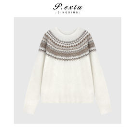 04-4潘依绣丁丁宠粉羊绒羊毛费尔岛提花拉绒韩系慵懒针织毛衣 ZM-815