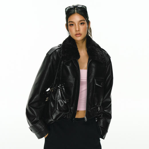 Ariseism 黑色可拆卸毛领短款皮衣夹棉棉服外套女冬季新款棉衣 商品图0