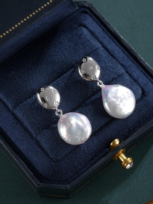 子佩集【凡星女神】银S925珍珠惜王妃耳钉【EM3043-XF】14-16mm珠巴洛克扁珠印记五角星2601 商品图4