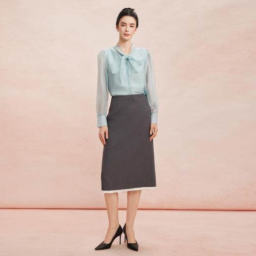 RE254斯尔丽2026春季新款光泽感高级感飘带长袖职业通勤优雅纯色衬衫 商品图7