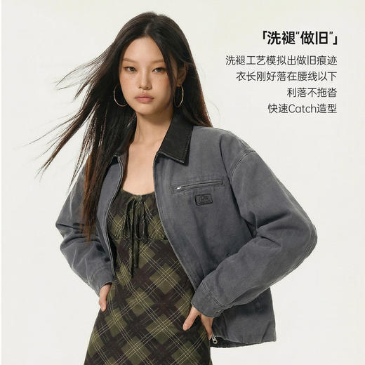 马登美式格雷系宽松撞色翻领底特律猎装工装夹克短外套上衣女士春 商品图3