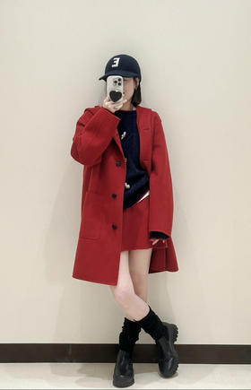 114-3 原价1699 渠道货 原材 小禾双面羊毛呢 手工剖缝 红色连帽大衣 新年小红帽大衣