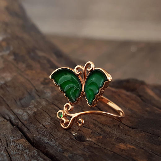 【天然正品】A货翡翠AU750玫瑰金镶天然细腻设计师款满绿冰种蝴蝶造型翡翠开口戒指16号（开口戒）251225TJ30 商品图4
