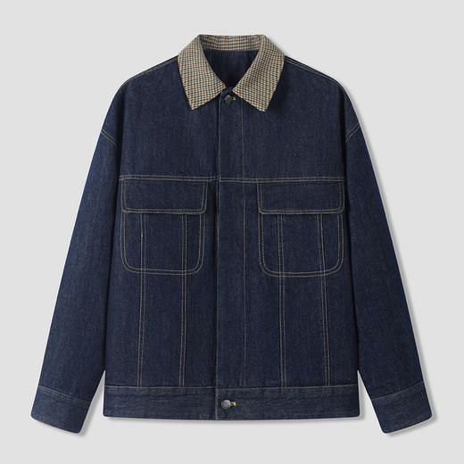 GXG男装【格纹领口】秋季时尚撞色拼接水洗牛仔休闲男式夹克K&C 商品图5