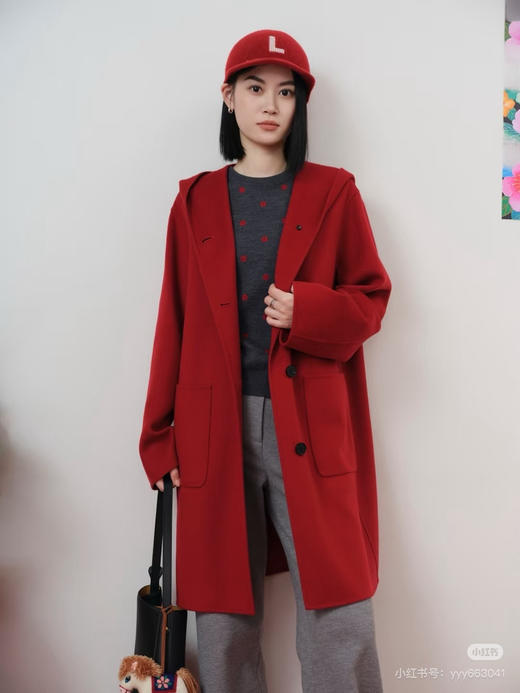 114-3 原价1699 渠道货 原材 小禾双面羊毛呢 手工剖缝 红色连帽大衣 新年小红帽大衣 商品图9