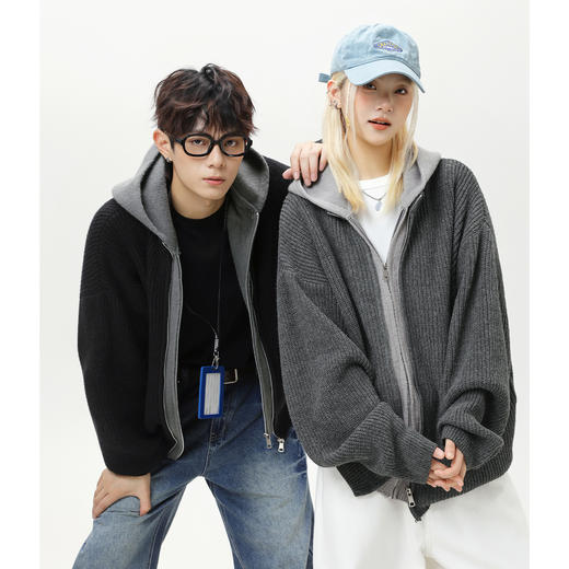 【YW】无忧购“清仓福利”质感仿鹿毛绒假两件开衫连帽毛衣复古情侣针织衫MM4144（截单后3-5天发货） 商品图2